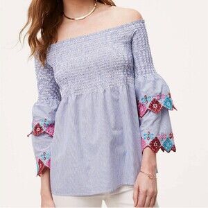 NWT Loft Fiesta Off The Shoulder Top Embroidered Cotton Striped Blouse Sz L